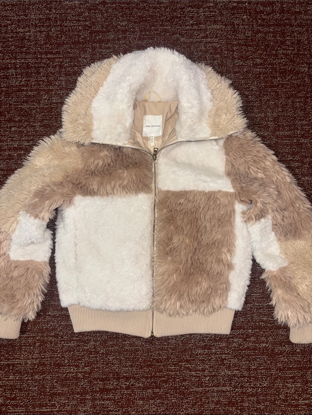 Avec les Filles jacket colorblock Sherpa bomber jacket large collar faux fur - Picture 2 of 14
